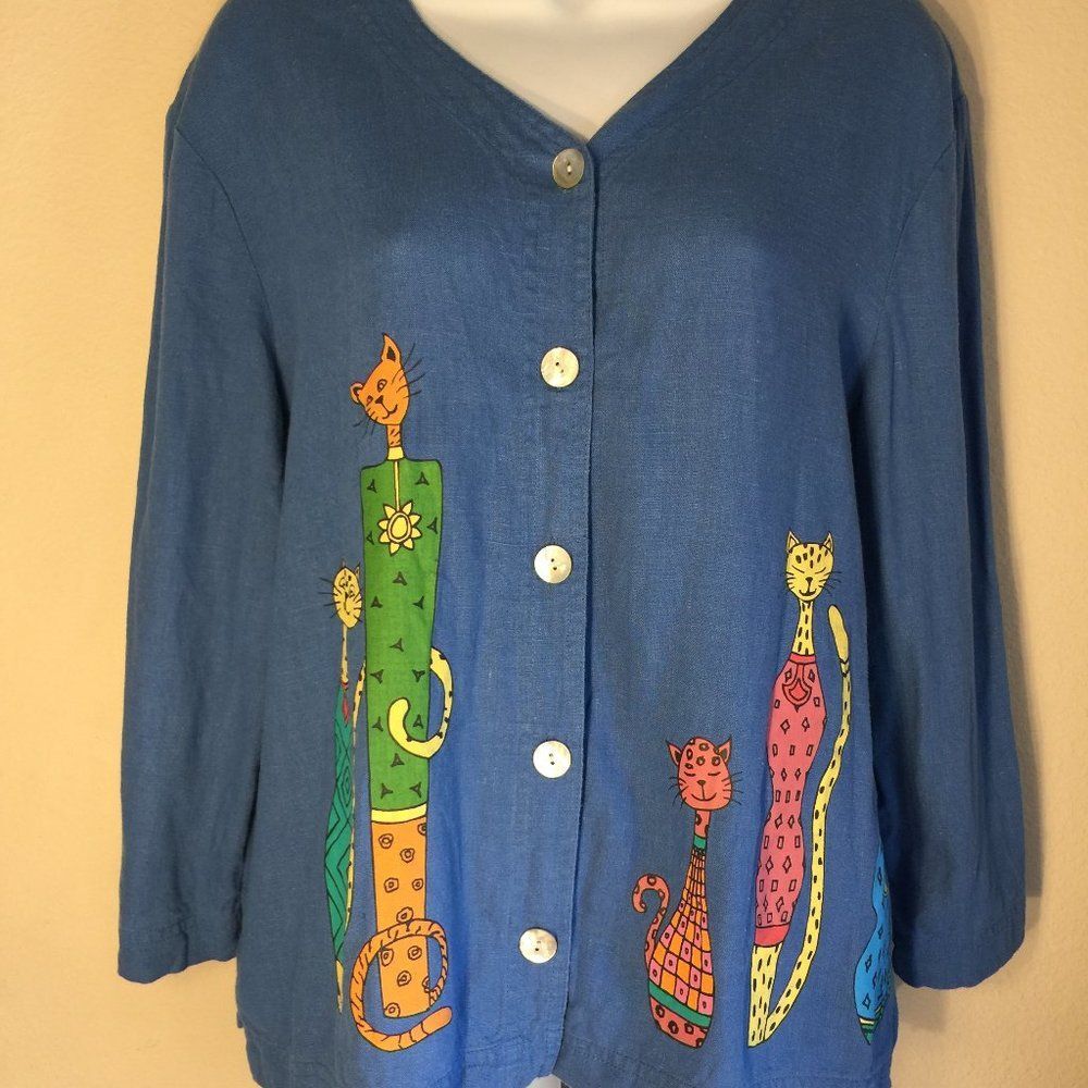 Stonebridge Linen Cat top Vintage 3/4 sleeve M blue button front pockets - Picture 1 of 7